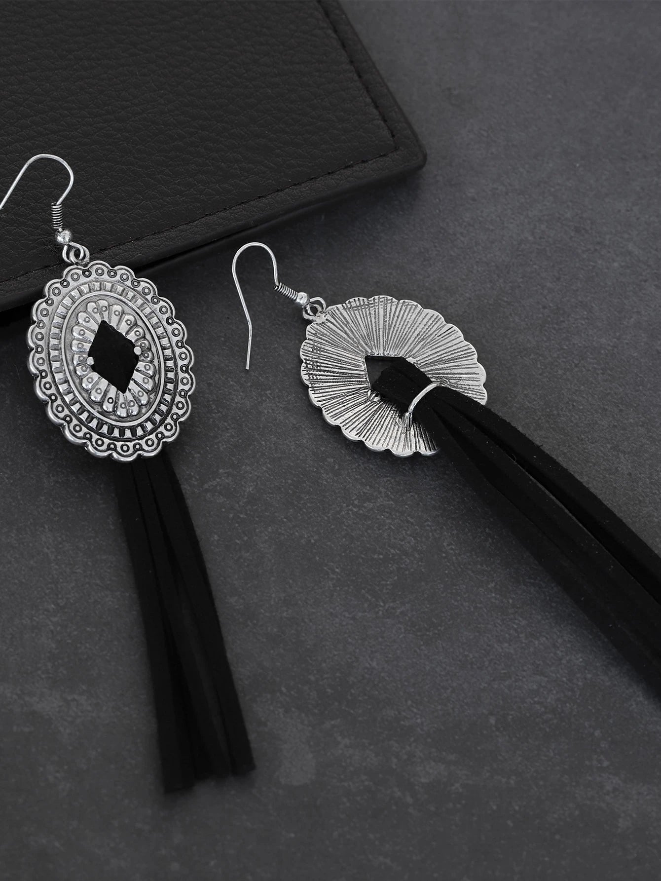 Silver Plated Scallop Trim Oval & Tassel Drop Earrings