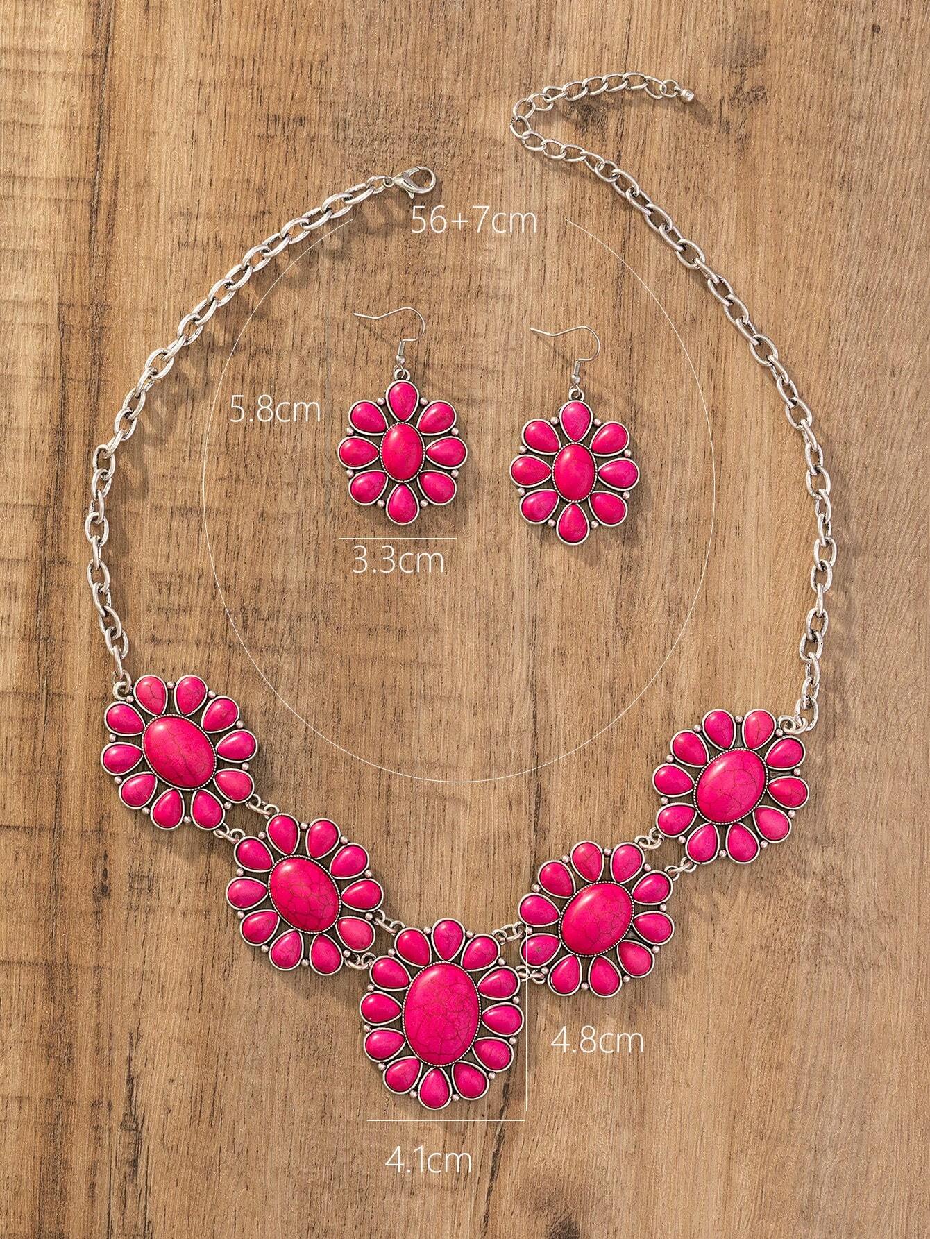 Hot Pink Vintage Bohemian Style Stone Pendant Necklace & Earrings,