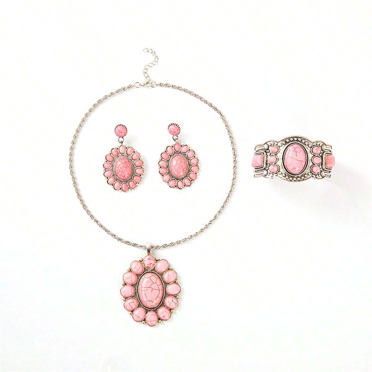 Pink 3 Pcs/Set Bohemian Style Jewelry Set Include Bracelet, Necklace, And Earring