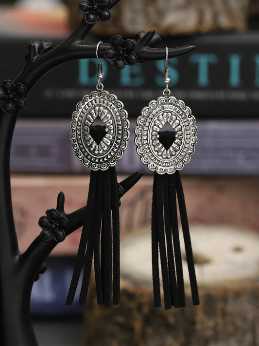 Silver Plated Scallop Trim Oval & Tassel Drop Earrings