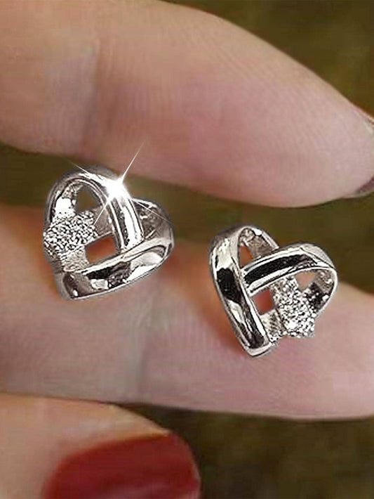 SILVER TONED CUBIC ZIRCONIA HEART STUD EARRINGS