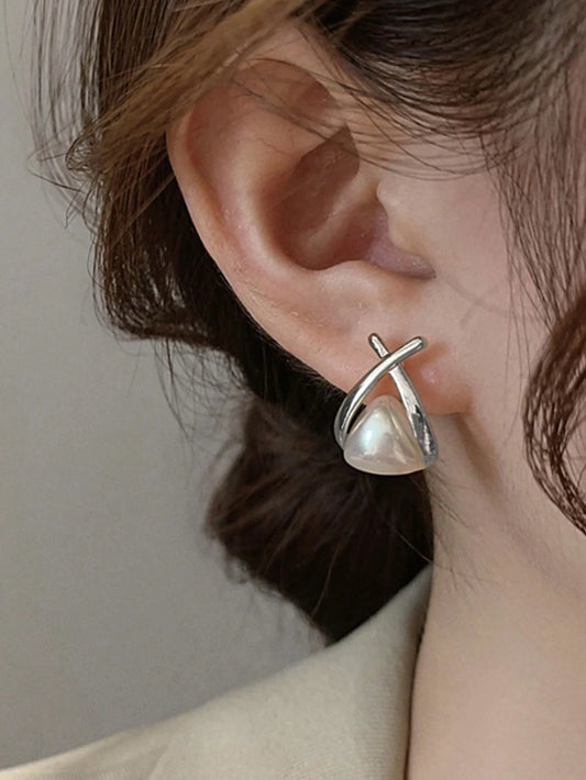 SILVER TONED FAUX PEARL FISH SHAPED EARRINGS