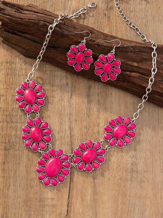 Hot Pink Vintage Bohemian Style Stone Pendant Necklace & Earrings,