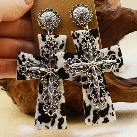 COW PRINT CROSS EARRRINGS