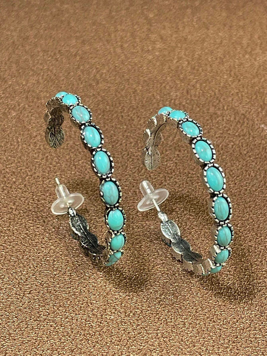 Western Style Turquoise Pendant Metal Large Oval Earrings,