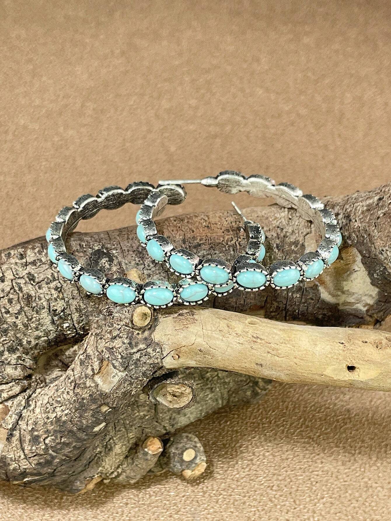 Western Style Turquoise Pendant Metal Large Oval Earrings,