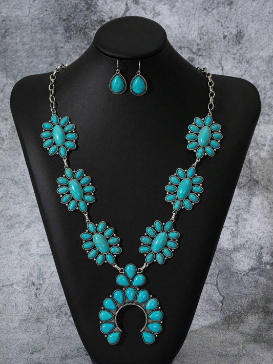 Bohemian Style Vintage Turquoise Horse-Shaped Zinc Alloy Necklace And Earrings Set