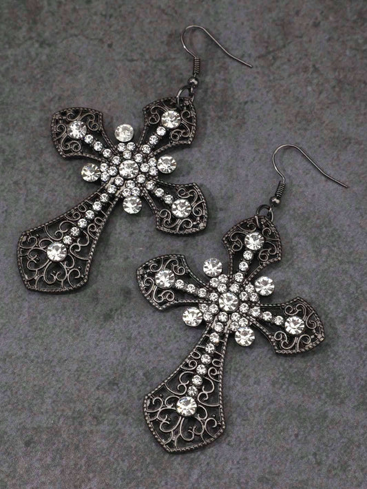 VINTAGE GOTHIC STYLE CRYSTAL CROSS DECOR LARGE CROSS DANGLE EARRINGS