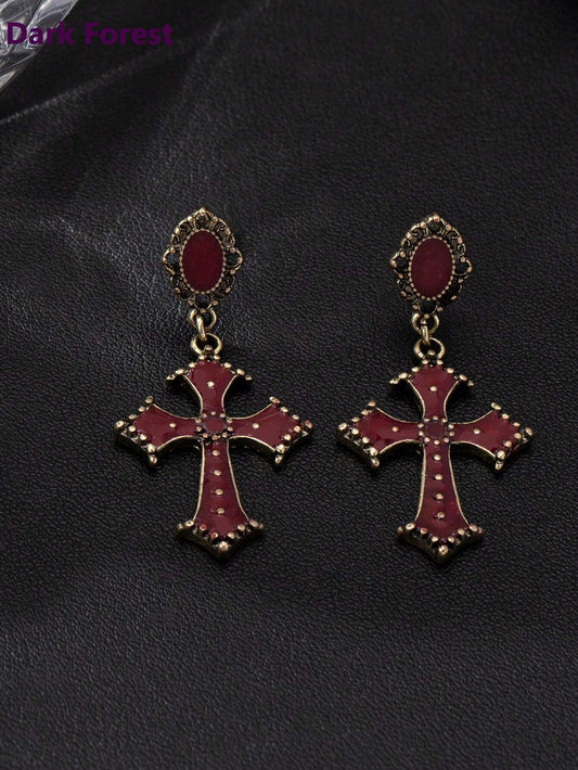 GOTHIC DARK FOREST RED ENAMEL CROSS DROP EARRINGS