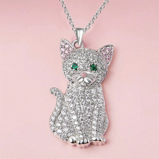 SILVER TONED WHITE CAT NECKLACE