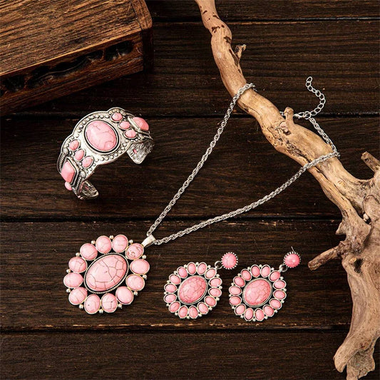 Pink 3 Pcs/Set Bohemian Style Jewelry Set Include Bracelet, Necklace, And Earring