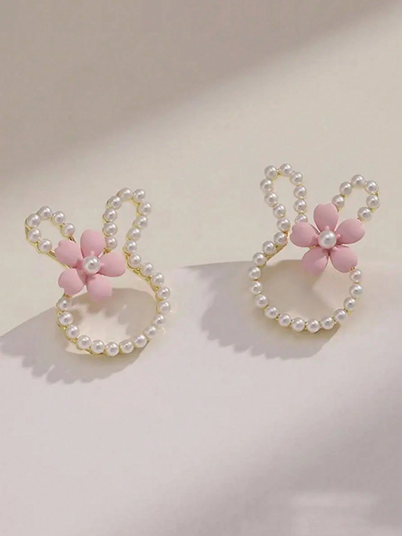 Rabbit Bunny Stud Earrings: Made From Gold-Plated Alloy, Faux Pearls & Flowers. Allergy-Free,