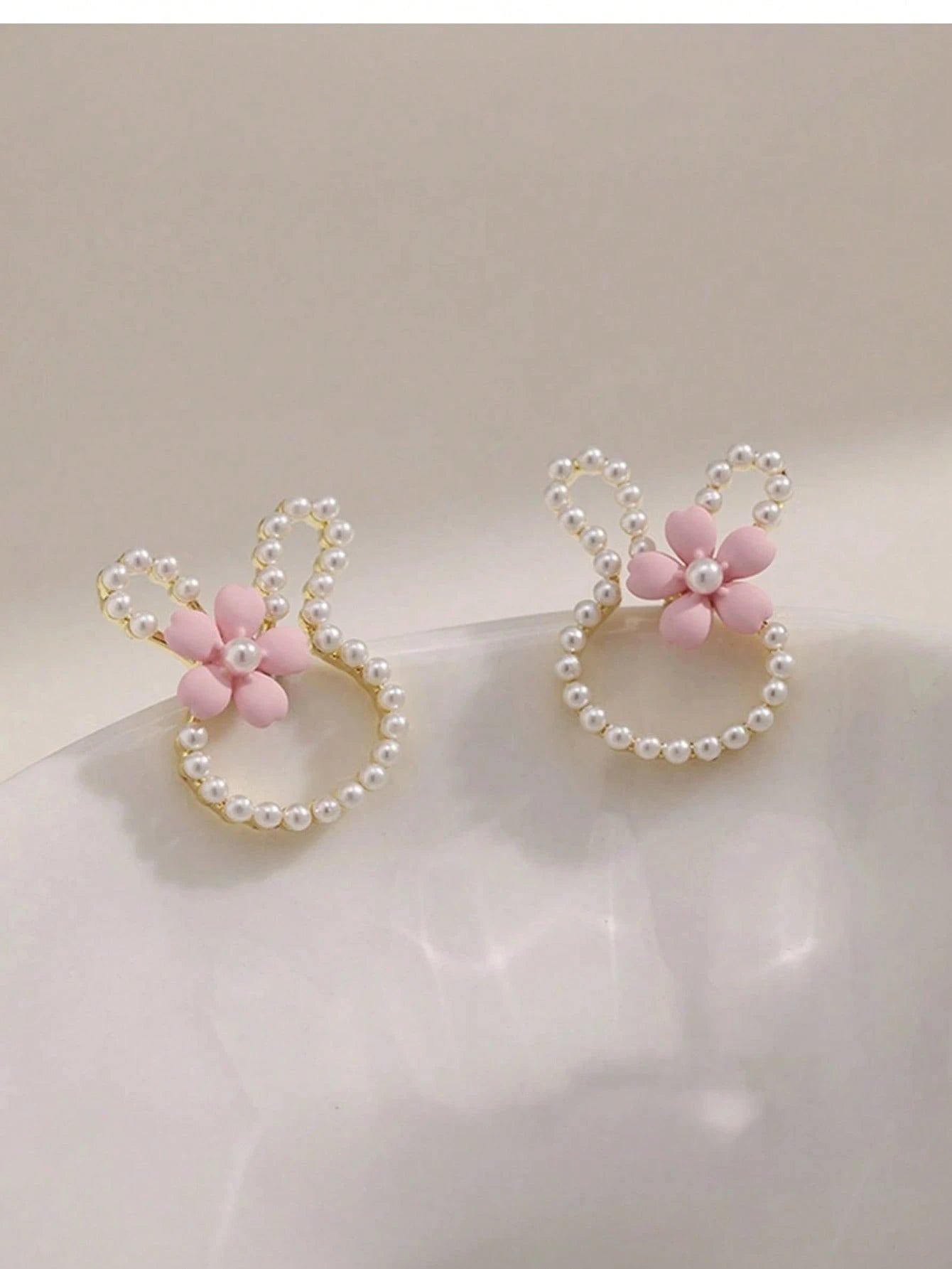 Rabbit Bunny Stud Earrings: Made From Gold-Plated Alloy, Faux Pearls & Flowers. Allergy-Free,