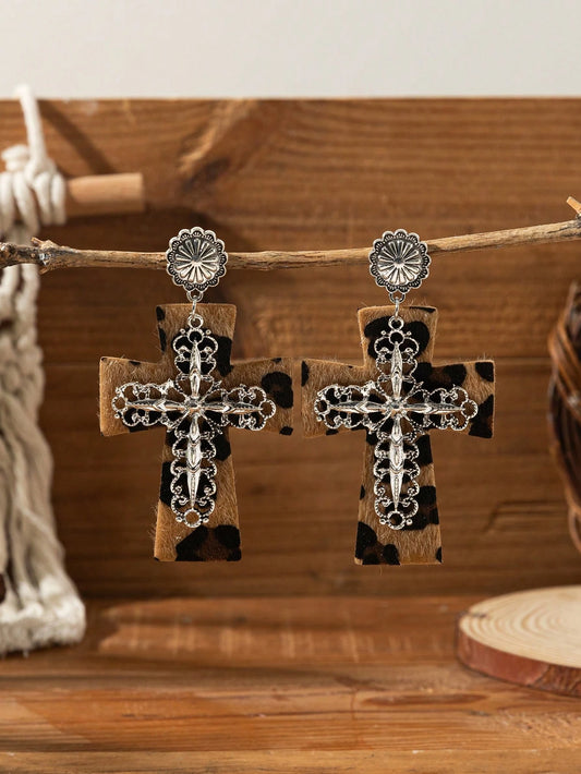 LEOPARD PRINT CROSS DANGLE EARRINGS