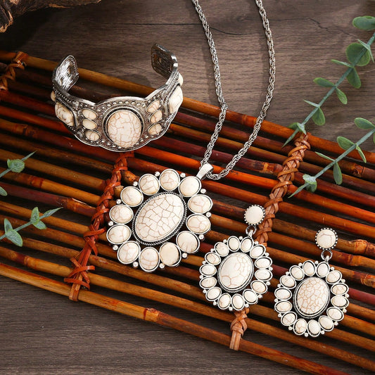 White 3 Pcs/Set Bohemian Style Jewelry Set Include Bracelet, Necklace, And Earrings, Suitable