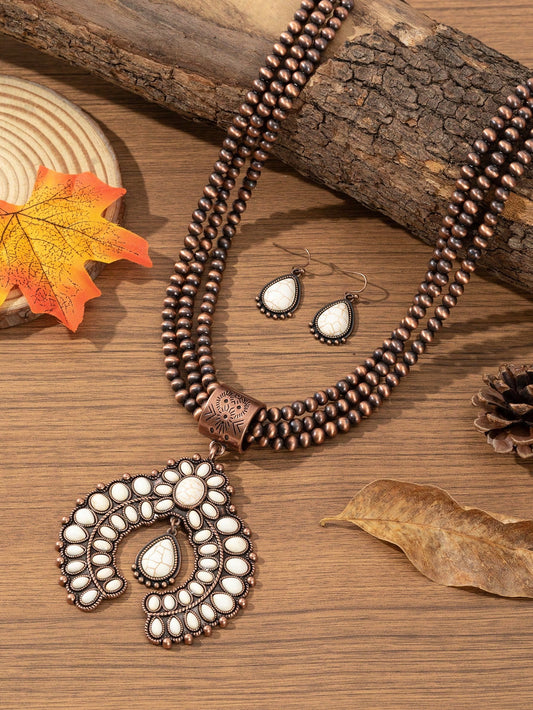 VINTAGE BOHO STYLE HORSESHOE PUMPKIN SHAPED ZINC ALLY BEADED NECKLACE