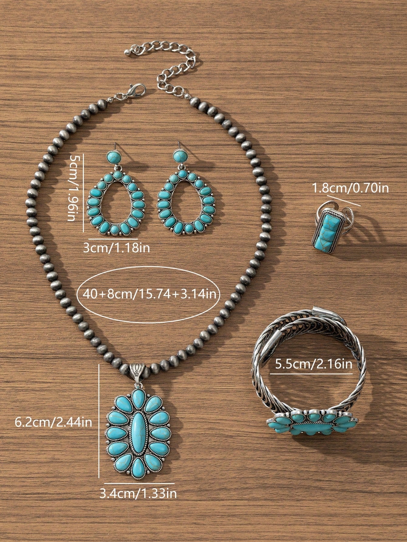 Bohemian Vintage Personalized Waterdrop Geometric Zinc Alloy Turquoise Necklace, Earrings, Bracelet And Ring Set,