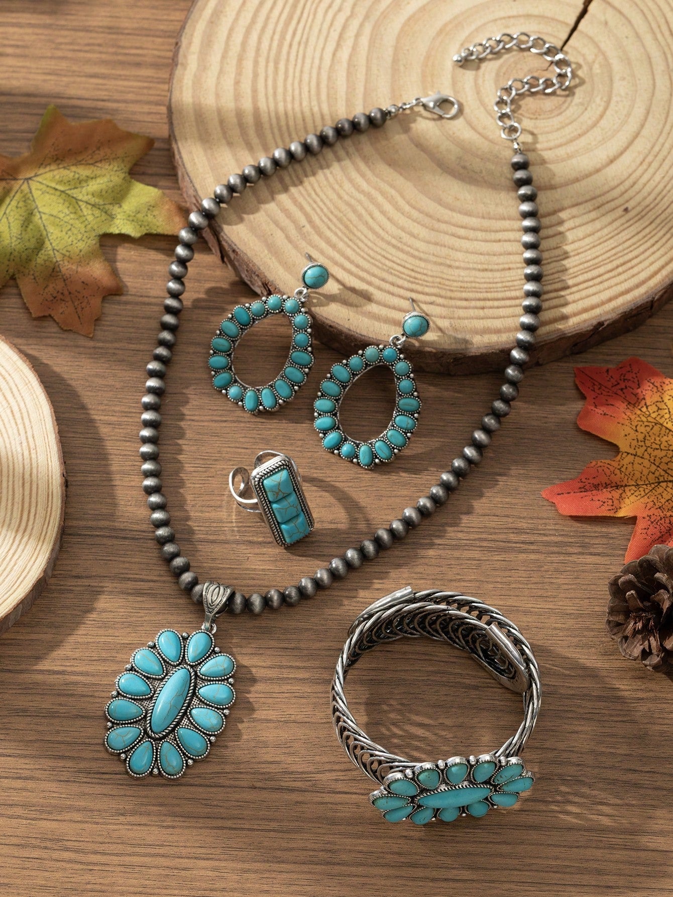 Bohemian Vintage Personalized Waterdrop Geometric Zinc Alloy Turquoise Necklace, Earrings, Bracelet And Ring Set,