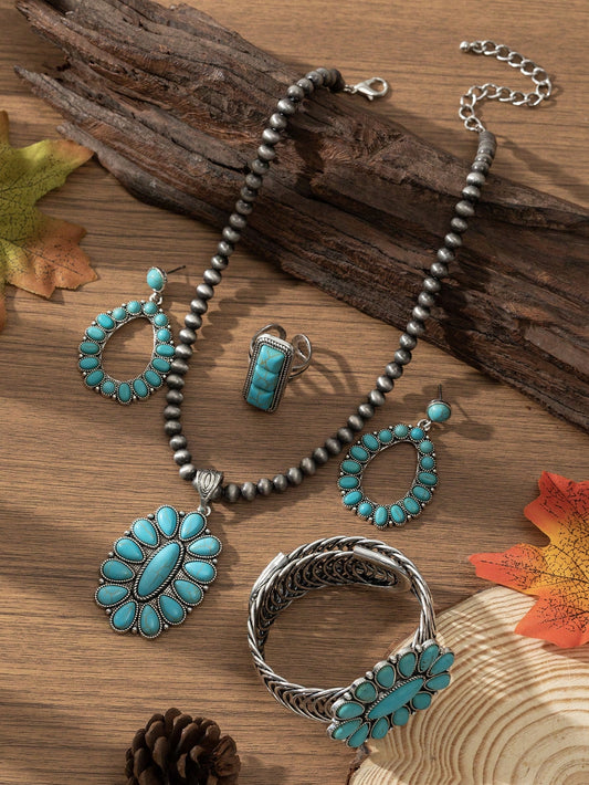 Bohemian Vintage Personalized Waterdrop Geometric Zinc Alloy Turquoise Necklace, Earrings, Bracelet And Ring Set,