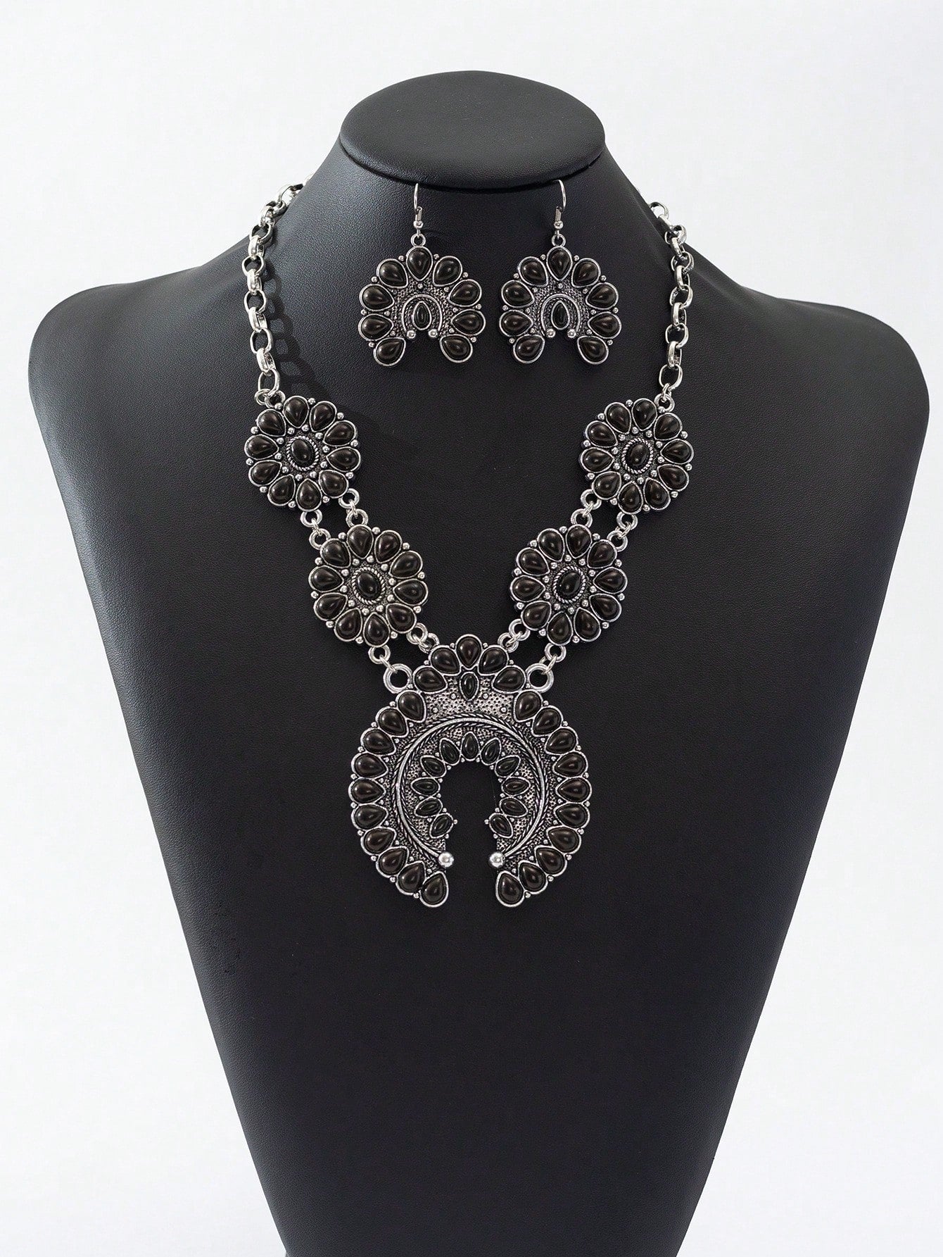 Black Retro Bohemian Crescent Turquoise Necklace & Earrings