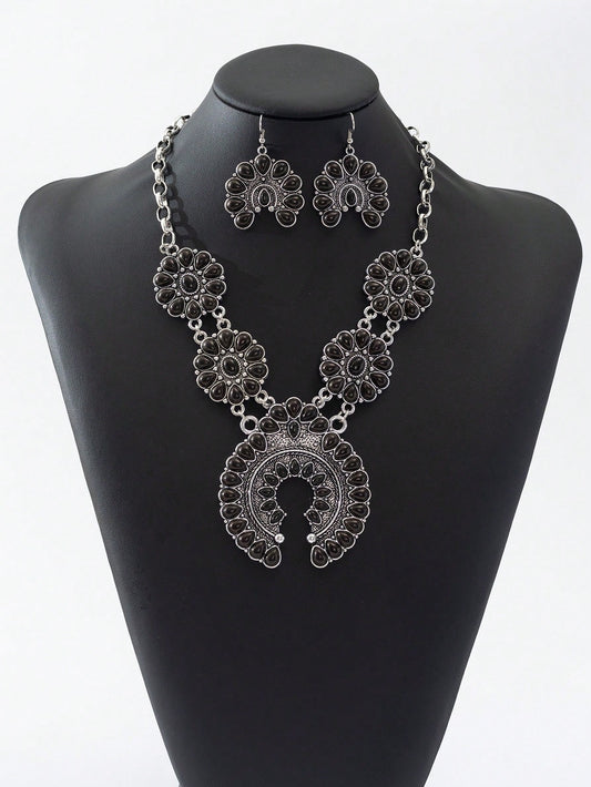 Black Retro Bohemian Crescent Turquoise Necklace & Earrings