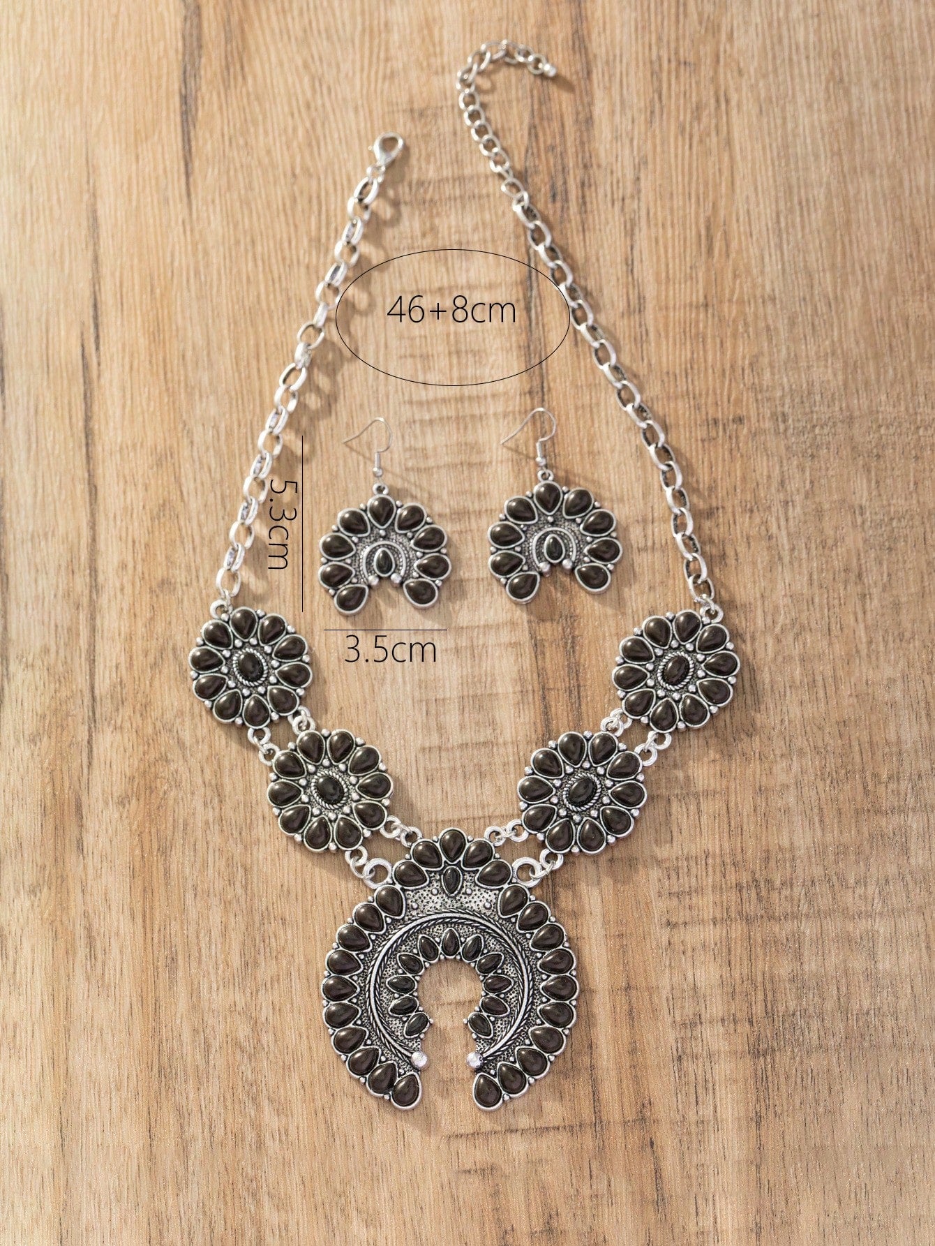 Black Retro Bohemian Crescent Turquoise Necklace & Earrings