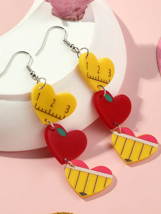 ACRYLIC PENCIL RULER APPLE EARRINGS