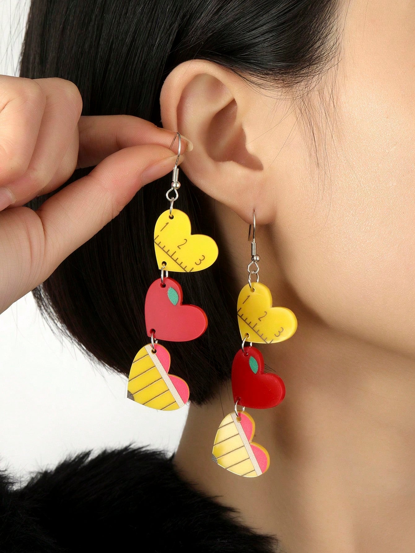 ACRYLIC PENCIL RULER APPLE EARRINGS