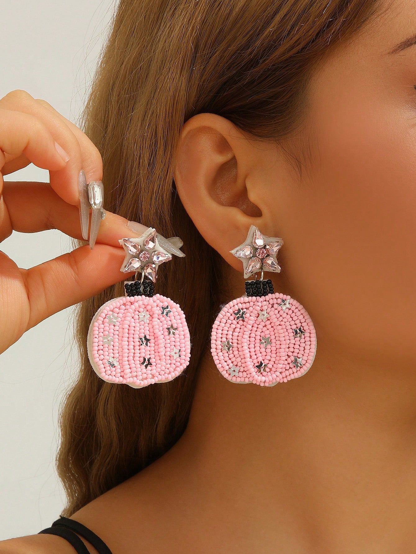 PINK BEADED PUMPKIN EARRINGS