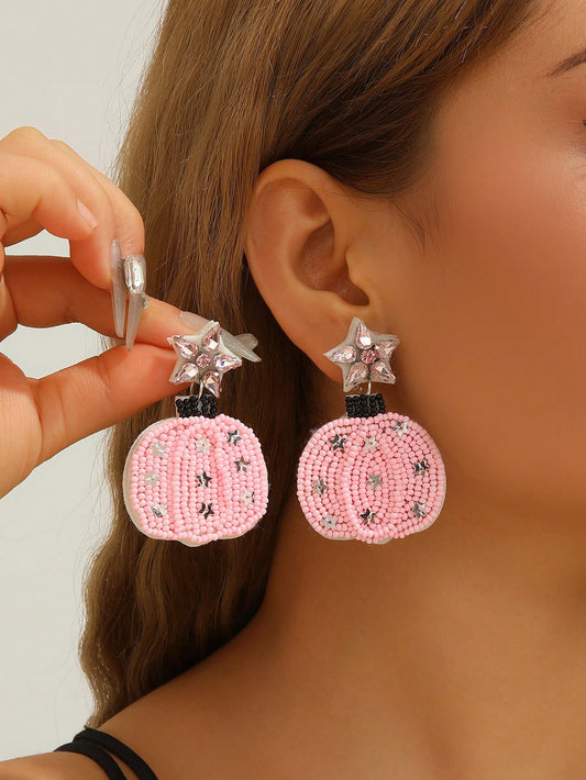 PINK BEADED PUMPKIN EARRINGS