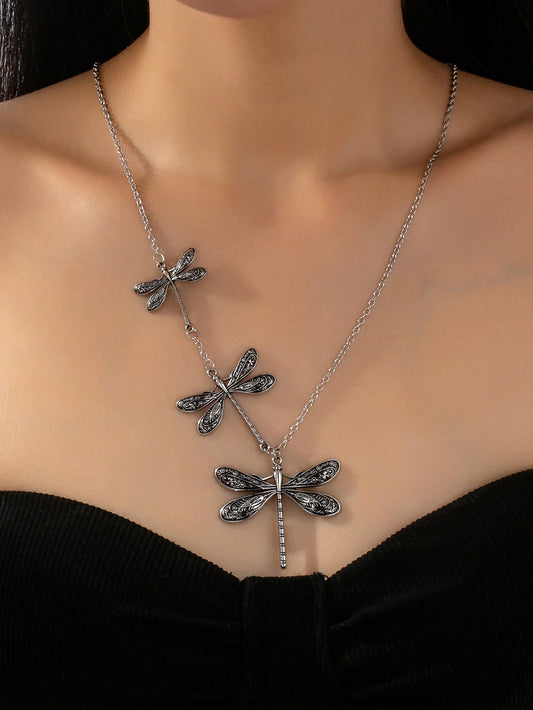 GOTHIC METAL MATERIAL VINTAGE DRAGONFLY PENDANT NECKLACE