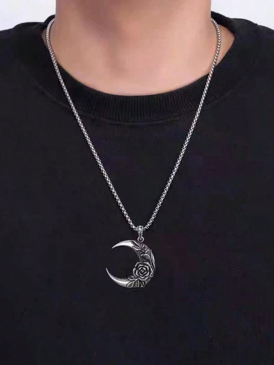 RETRO METAL SILVER MOON & ROSE FLOWER PENDANT NECKLACE