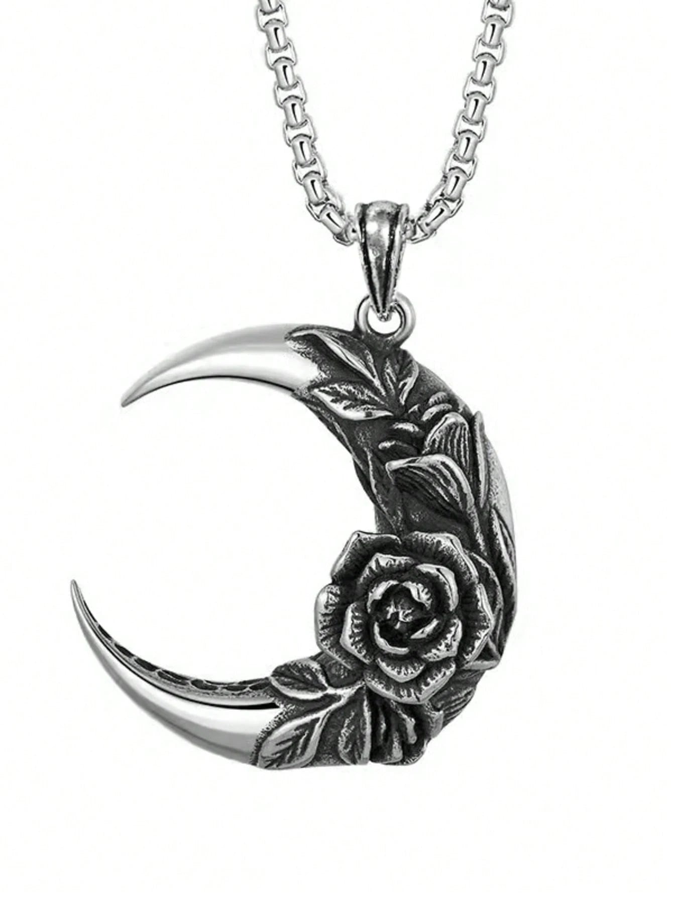 RETRO METAL SILVER MOON & ROSE FLOWER PENDANT NECKLACE