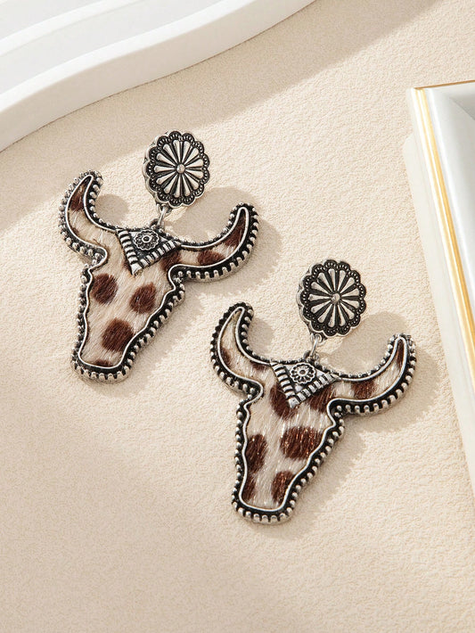 BULL HEARD DESIGN LEOPARD PRINT HORSE HAIR DANGLE EARRINGS