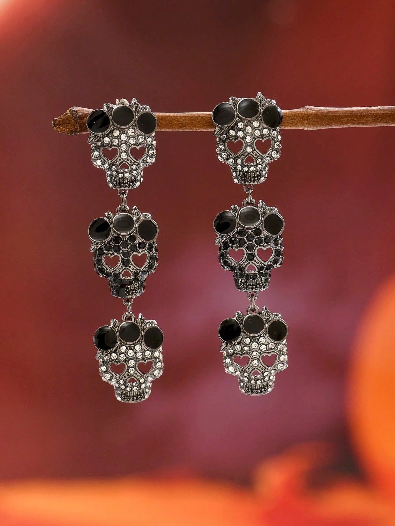 RHINESTONE SKULL DANGLE EARRINGS