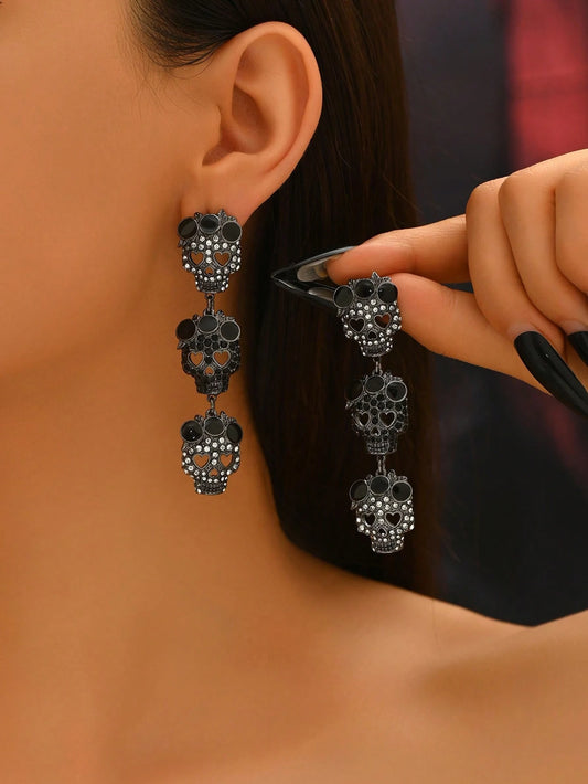 RHINESTONE SKULL DANGLE EARRINGS