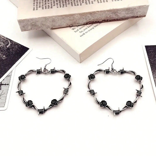 PUNK STYLE THORN ROSE HEART DANGLE EARRING