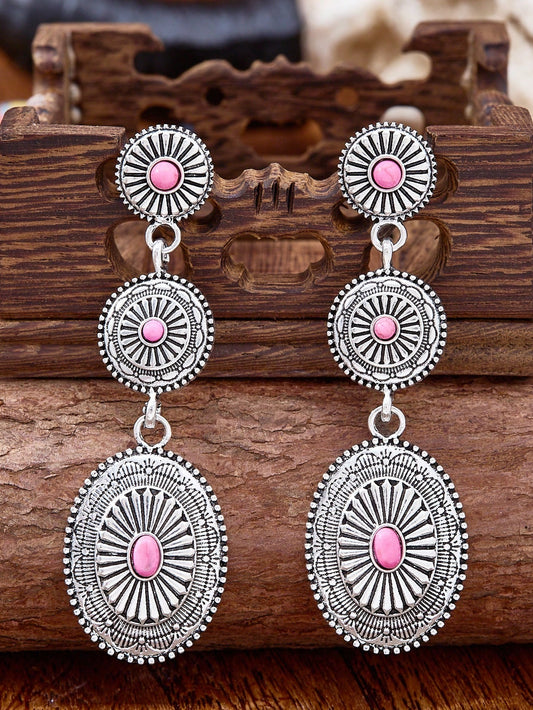 New Boho Jewelry,Vintage Western Cowgirl Style Jewelry,Inlaid Pink Turquoise Totem Carved Alloy Pendant Women's Earrings