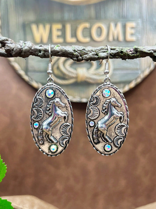 Silver Toned Retro Western Cowboy Style Horse Shaped Earrings,