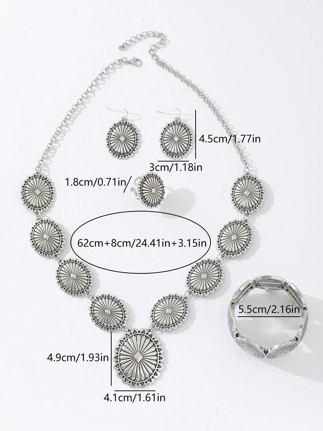 Vintage Bohemian Style Smooth Zinc Alloy Silver Toned Necklace, Earrings, Ring and Bracelet