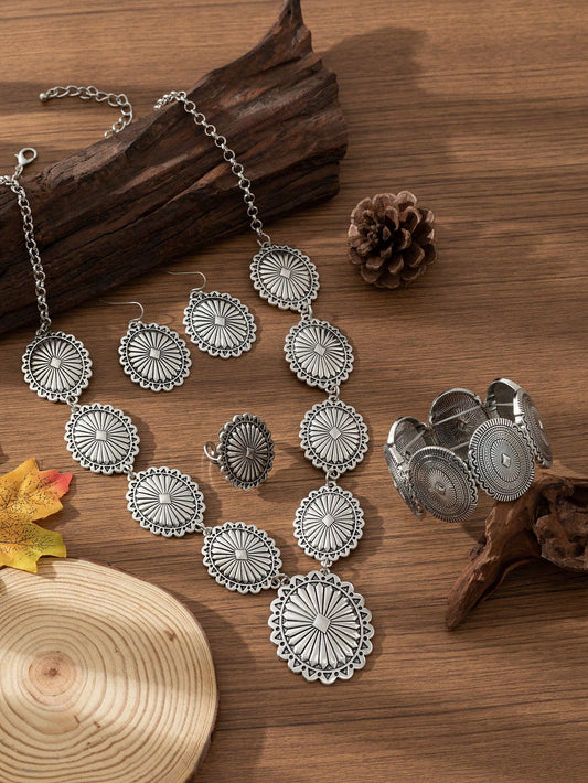 Vintage Bohemian Style Smooth Zinc Alloy Silver Toned Necklace, Earrings, Ring and Bracelet