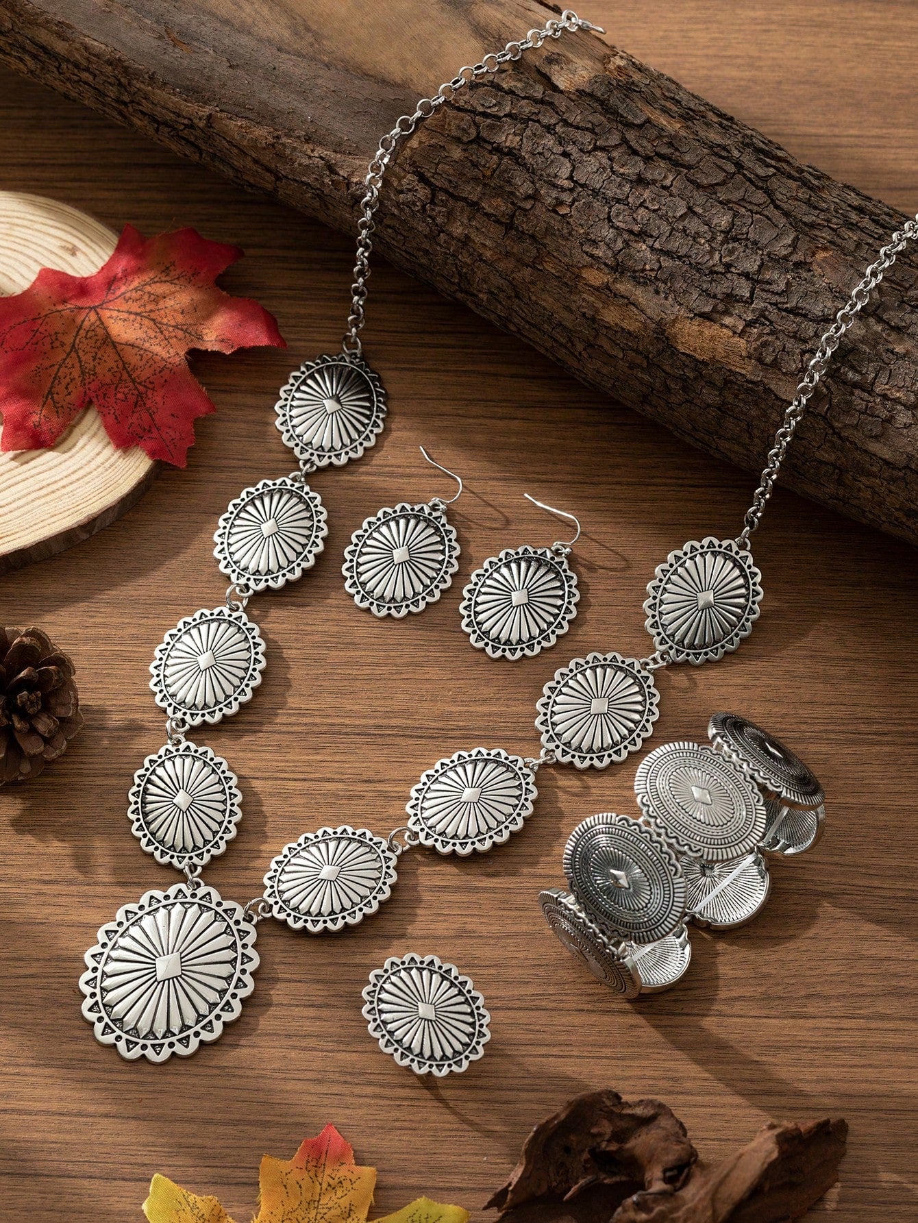 Vintage Bohemian Style Smooth Zinc Alloy Silver Toned Necklace, Earrings, Ring and Bracelet