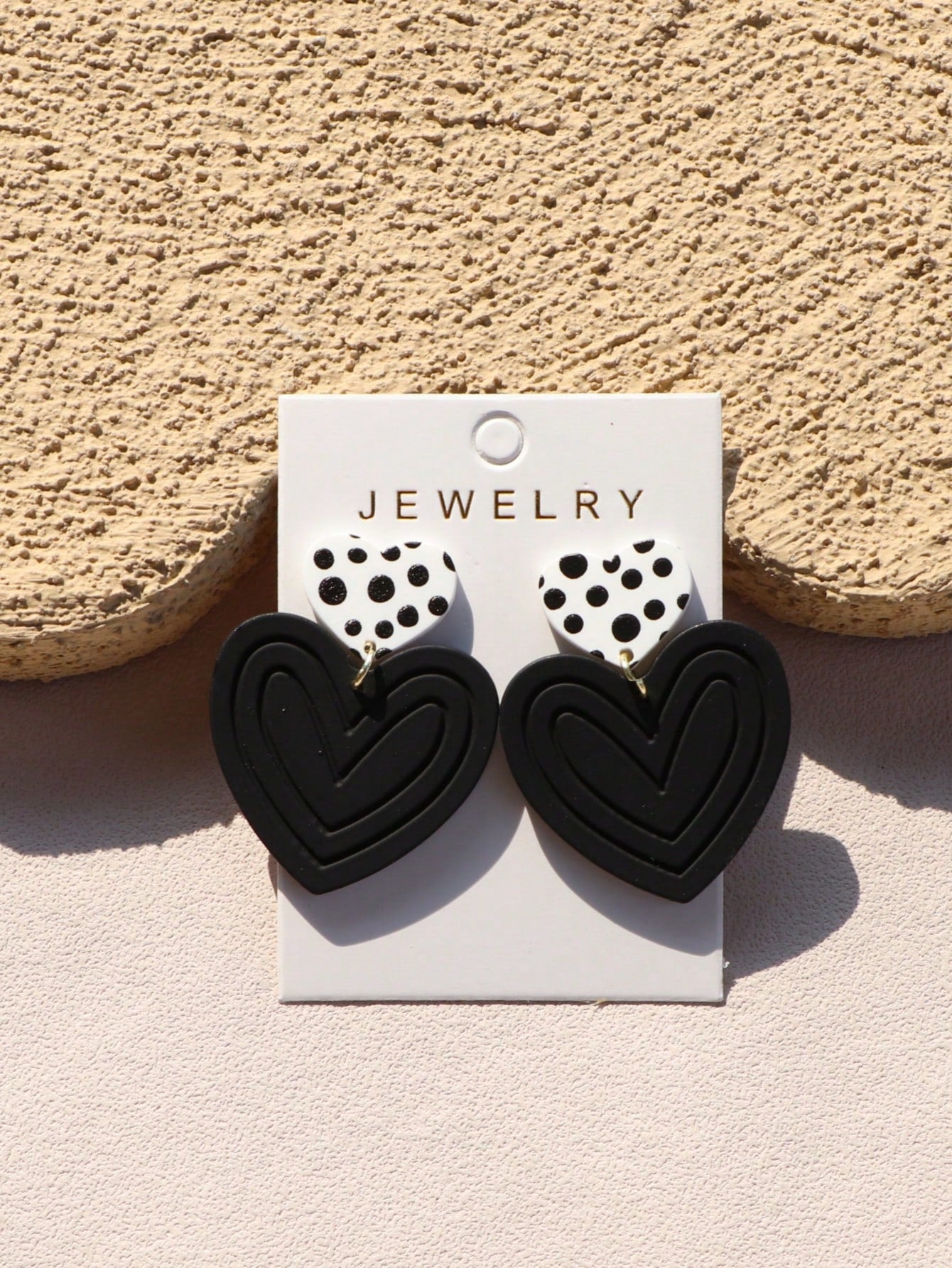 BLACK AND WHITE POLKA DOT HEART DROP EARRINGS