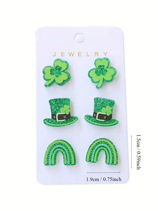 St. Patrick's Day Clover Earring Set, Flat Acrylic Lucky Shamrock, Rainbow Earring