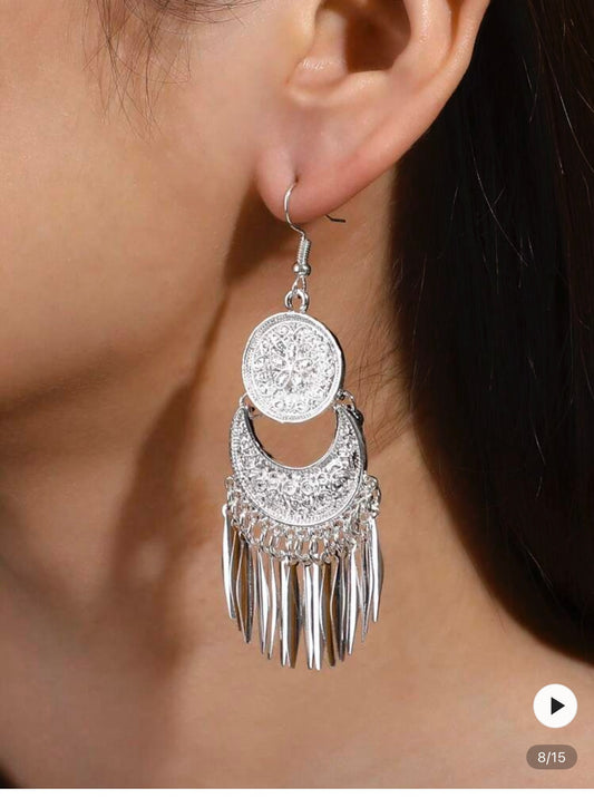 SILVER TONED DANGLE MOON EARRINGS