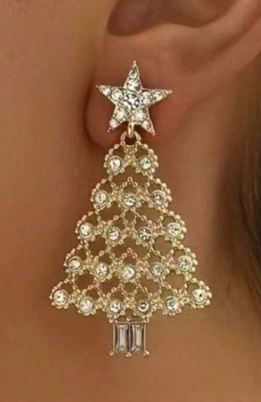GOLD TONED CHRISTMAS TREE DANGLE EARRINGS