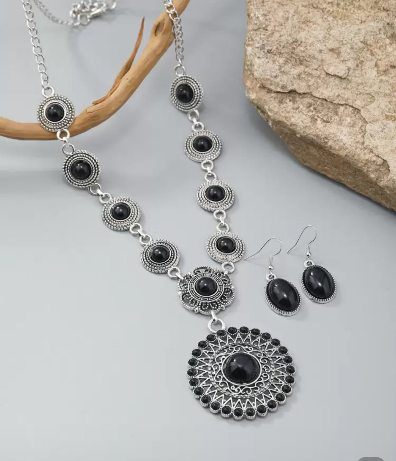 BLACK/ SILVER TONED NECKLACE AND EARRINGS