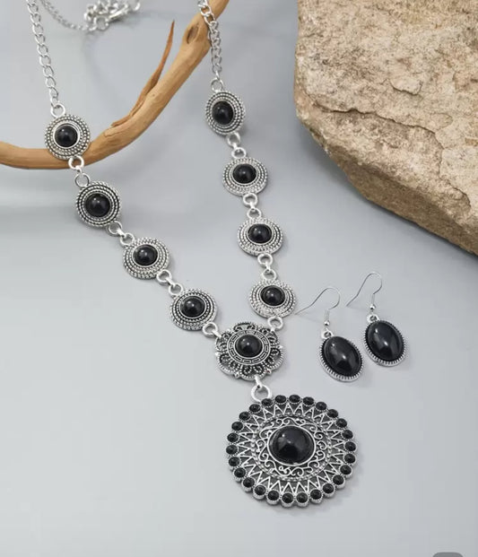 BLACK/ SILVER TONED NECKLACE AND EARRINGS