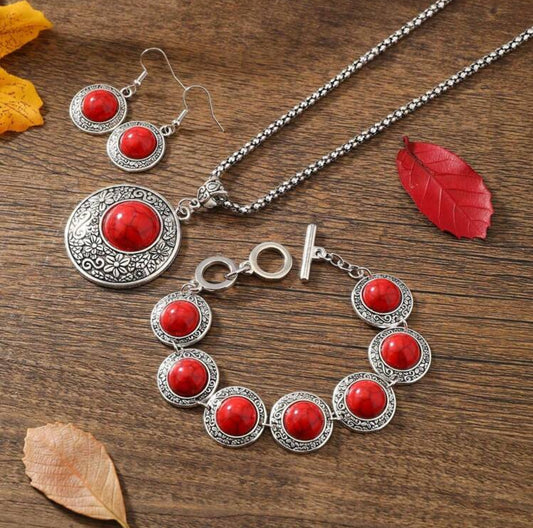 3 PCS SET RED/ SILVER TONED